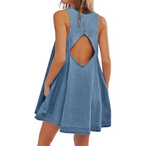 Womens Denim Dress Summer Casual Sleeveless Babydoll Jean Mini Dresses with Pockets Backless Cutout Tank Dress