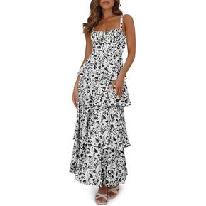 Wenrine Womens Summer Floral Maxi Dresses Sleeveless Spaghetti Strap Tie Back Ruffle Tiered Flowy Dresses in Kuwait