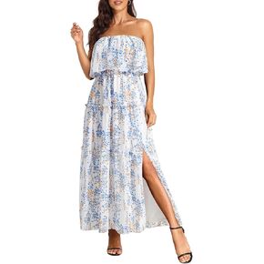 Women Strapless Summer Dress - Boho Chiffon Maxi Beach Side Split Tiered Long Sundresses