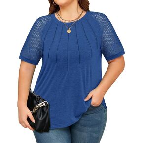KARALIN Women’s Plus Size Lace Sleeves Patchwork Crew Neck Casual T-shirts Summer Tops Tunics