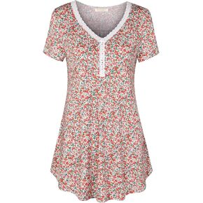 BAISHENGGT Women's Short Sleeve Tops Lace Trim V Neck Buttons Tunic Tops for Leggings Summer Blouse Shirts