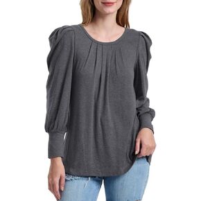 Womens Tops Puff Long Sleeve Pleated Tunic Trendy Crew Neck Blouses Dressy Casual Cute Comfy T-Shirts