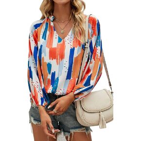MLEBR Womens Blouses Fashion Long Sleeve V Neck Loose Casual Floral Leopard Printed Chiffon Blouses Tops and T Shirts