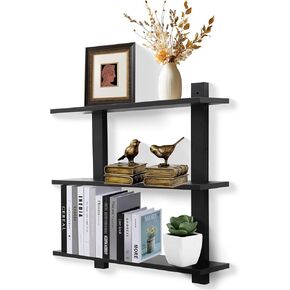 PHOENANCEE 3 Tier Floating Shelves,Long Wall Shelf,Hanging Bathroom Shelves Display Storage Rustic for Living Room Bedroom Kitchen Office Coffee Bar Decor Decorative,24 Inch,(Black)