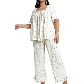 Women's 2 Pieces Plus Size Square Neck Sleepwear Rose Printed Ruffled Hem Pajamas Set Lounge Wear