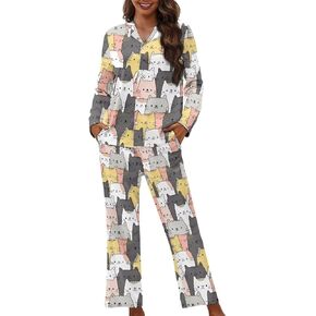 Womens Pajama Set Funny Print Soft Button Down Sleepwear Long Sleeve Lounge Set