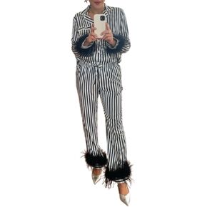 IMISSILLEB Womens Satin Silk Christmas Pajamas with Feathers Striped/Plaid/Santa Claus Print Button Down Shirts and Pjs Pants