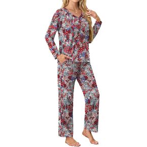 SHIJIALI Women's Pajama Sets 2 Piece Ladies Long Sleeve Lounge Outfits Long Pant Pjs With Pockets