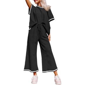 SHEWIN Women's 2 Piece Outfits Sweatsuit Casual Short Sleeve Pullover Tops and Drawstring Wide Leg Pants Lounge Sets