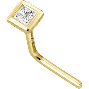 Solid 14Kt Gold Bezel Set princess Cut Moissanite Nose Stud - 22G L-Shape Stud - L-Bend Nose Ring - April Birthstone Nose Ring Stud