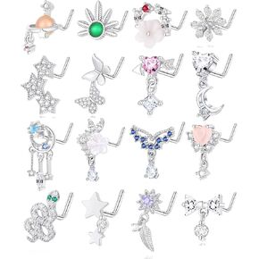 16Pcs 20G Dangle Nose Rings studs Stainless Steel L Shaped Nose Stud Butterfly Star Bowknot Feather Heart Snake Flower Water drop CZ Dangling Nose Piercing Jewelry for Women Gold Silver Tone