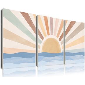 FAEKSUR Wall Art Set of 3, Mid-Century Modern, Neutral Geometric Line Sun, Framed Abstract Boho Art Prints, Bathroom Bedroom Living Room Office Decor