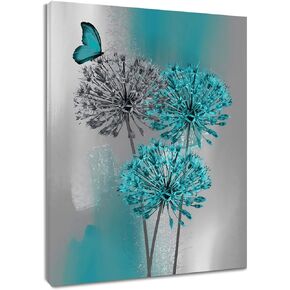LB Teal Dandelion Canvas Wall Art Teal Grey Dandelion with Butterfly on Modern Abstract Background Wall Art Aesthetic Wall Art Decor for Living Room Bedroom Bathroom Office Framed Ready to Hang 16L x
