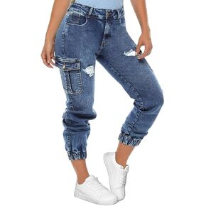 Flamingals Women's Cargo Carrot Jeans High Waisted Stretchy Summer Wash Ripped Flap Pocket Denim Pants