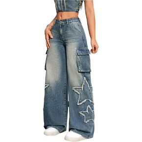 MakeMeChic Women's Y2K Jeans Wide Leg Ripped Distressed Baggy Cargo Denim Pants with Pocket