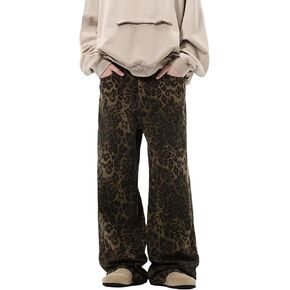 COOLMONAR Women's Y2K Leopard Print Jeans Chic Street Style Wide Leg Denim Pants Retro Hip Hop Loose Trouser