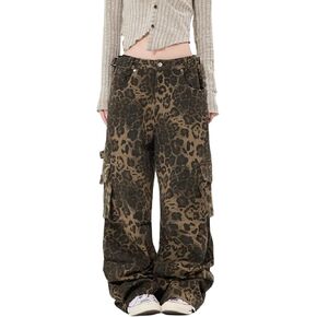 COOLMONAR Women's Y2K Leopard Print Jeans Chic Street Style Wide Leg Denim Pants Retro Hip Hop Loose Trouser
