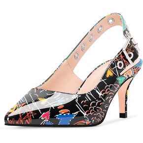 Women's Sexy Studded High Heel Slingback Pumps Pointed Toe Metal Eyelet Buckle Perforated Dress Shoes