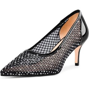 Women's Rhinestone Mesh Pointed Toe Kitten Heel Pumps Wedding Bridal Dress Shoes
