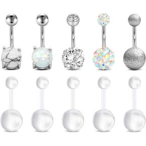 FECTAS 14g Belly Button Rings Surgical Steel CZ with Retainers Navel Ring Barbell for Women Body Piercing Jewelry Rose Gold Silver