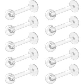 16g Clear Earrings Piercing Retainers - Clear Lip Piercing Bioflex Stud Labret Clear Piercings Retainer - Plastic Piercings for Surgery, Work, School, Sports (6mm, 8mm, 10mm, 12mm)
