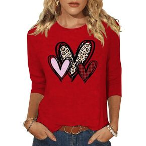 Womens 3/4 Sleeve Crew Neck Valentine's Day T Shirts Love Heart Printed Graphic Tee Tops