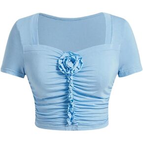 Floerns Women's Sweetheart Neck Ruffle Floral Appliques Short Sleeve Crop Top