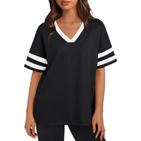 Trendy Queen Oversized T-Shirts for Women Short Sleeve V Neck Summer Tops Casual Loost Fit Y2K Going Out Color Block Tees
