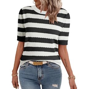 EVALESS Women's Short Sleeve Sweaters Tops Trendy Crewneck Striped Hollow Out Knit T Shirts Casual Summer Blouses