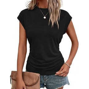Bliwov Womens Summer Cap Short Sleeve Tops Solid Casual Crewneck Ruched T Shirts Trendy Basic Tshirts for Women
