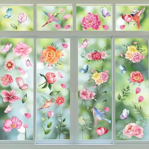 79PCS Spring Summer Window Clings - Spring Summer Window Clings for Glass Windows, Spring Summer Stickers for Window Decals, Double Sided Flower Window Clings for Bird Strikes Prevention(9 Sheets)