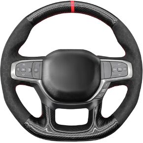 MEWANT Steering Wheel Covers for Dodge Ram 1500 TRX 2021-2024 Hand-Stitched Black Suede Carbon Fiber Car Steering Wrap