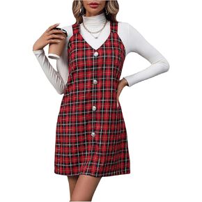 Milumia Women's Plaid Print Button Front V Neck Sleeveless Short Overall Dress