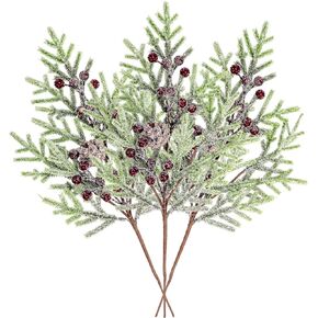 Christmas White Berry Picks, 3Pcs 17.7Inch Snow Frosted Artificial Pine Needles Holly Branches with Artificial White Berry and Pinecone Floral Picks and Spray for Winter Holiday Decor (3, White)