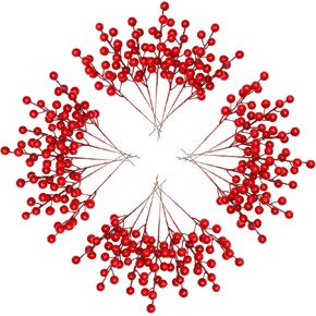 Kisflower 20 PCS Christmas Artificial Red Berry Stems Fake Holly Berry Pick for Christmas Tree Decorations DIY Crafts Xmas Ornaments Wedding Holiday Home Decor