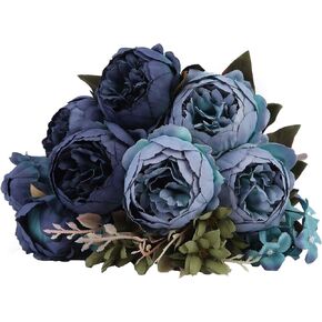 Kimura's Cabin Fake Peonies 2Bouquets Faux Silk Flower Vintage Artificial Peony Face Flowers Arrangement Bouquets for Home Table Centerpieces Wedding Party Decoration (Deep Lake Blue)