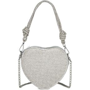 Evening Bag for Women, Silver Clutch Purse Heart Shaped Purse Crossbody Bag Shoulder Handbag Rhinestone Purse