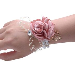 Girl Bridesmaid Wrist Corsage Bridal Silk Wrist Flower with Faux Pearl Bead Stretch Bracelet Wristband Gold Leaf for Wedding Prom Hand Flowers Decor
