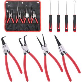 8Pcs 9 Inch Snap Ring Pliers Heavy Duty Hook Tool Set Internal External Circlip Pliers Tool Kit Straight Bent Jaw Pliers for Automotive Ring Removal Retaining