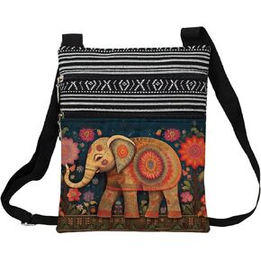 Ethnic Floral Elephant Messenger Bag Small Ethnic Pattern Printed Adjustable Strap Crossbody Zipper Bag Ethnic Floral Elephant Phone Bag Wallet Cute Shoulder Handbag for Women