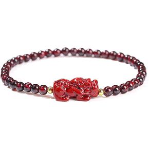 LIU JUN Feng Shui Pixiu Bracelet For Women, Natural Burgundy Garnet Stone Beaded Lucky Wealth Amulet Stretch Gift Jewelry