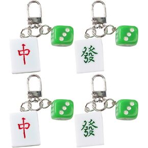 LUOZZY 4 Pcs Mahjong Tile Keychain Mahjong Fa Cai Keychain Chinese Dice Keychain