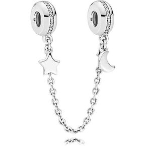 MiniJewelry Moon Star Safety Link Chain Charm fits Pandora Moments Bracelets Women Sterling Silver