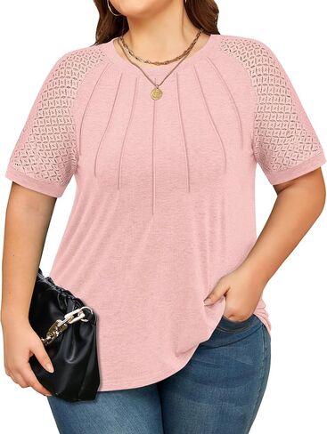 KARALIN Women’s Plus Size Lace Sleeves Patchwork Crew Neck Casual T-shirts Summer Tops Tunics in Saudi Arabia