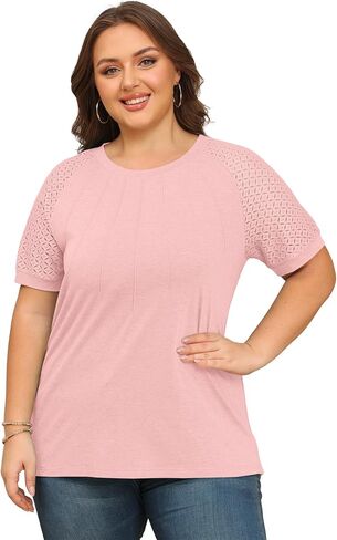 KARALIN Women’s Plus Size Lace Sleeves Patchwork Crew Neck Casual T-shirts Summer Tops Tunics in Saudi Arabia