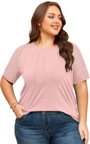 KARALIN Women’s Plus Size Lace Sleeves Patchwork Crew Neck Casual T-shirts Summer Tops Tunics in Saudi Arabia