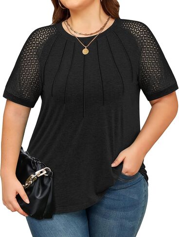 KARALIN Women’s Plus Size Lace Sleeves Patchwork Crew Neck Casual T-shirts Summer Tops Tunics in Saudi Arabia