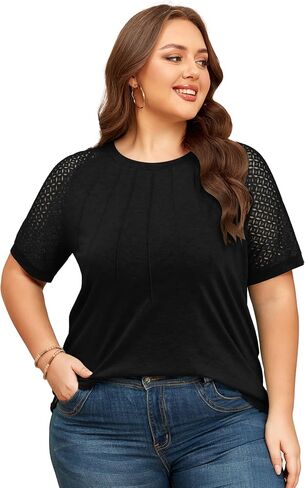 KARALIN Women’s Plus Size Lace Sleeves Patchwork Crew Neck Casual T-shirts Summer Tops Tunics in Saudi Arabia