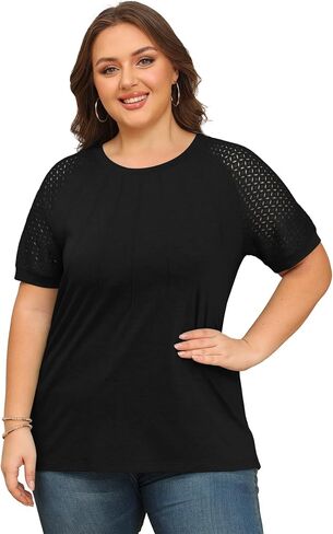 KARALIN Women’s Plus Size Lace Sleeves Patchwork Crew Neck Casual T-shirts Summer Tops Tunics in Saudi Arabia