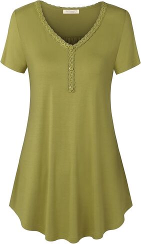 BAISHENGGT Women's Short Sleeve Tops Lace Trim V Neck Buttons Tunic Tops for Leggings Summer Blouse Shirts in Saudi Arabia